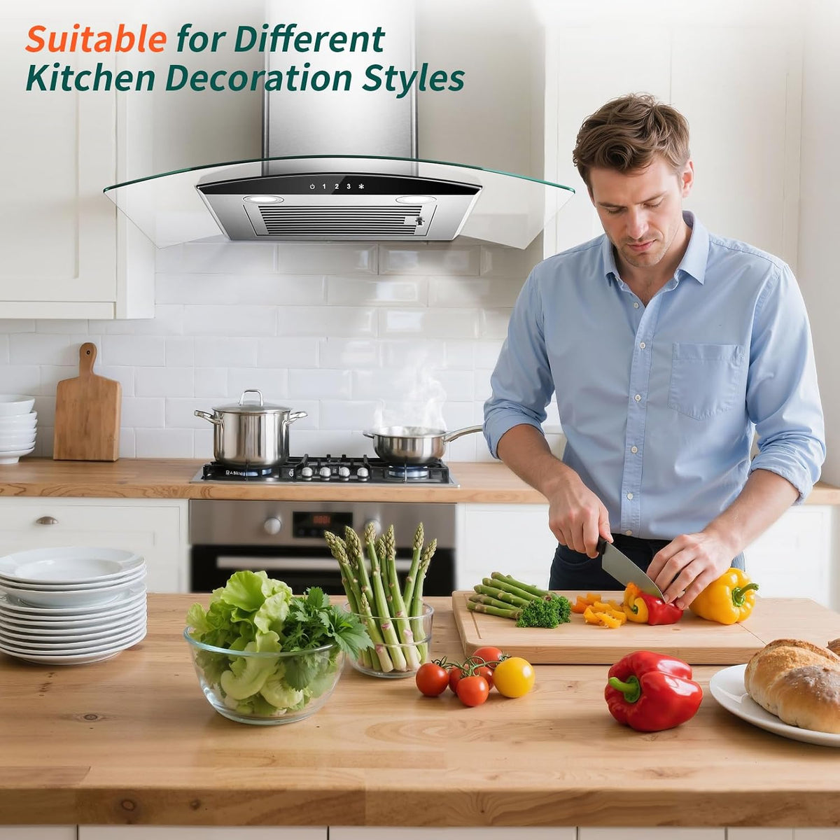 Tieasy Range Hood 30 Inch, 450 CFM Wall Mount Kitchen Hood with Ducted/Ductless Convertible Stainless Steel Filter Range Hoods 3-Speed Touch Control LED Lights
