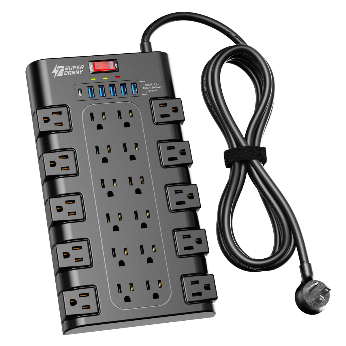 SUPERDANNY Power Strip Surge Protector, 22 AC 6 USB, 2100J, 6.5Ft,1875W/15A