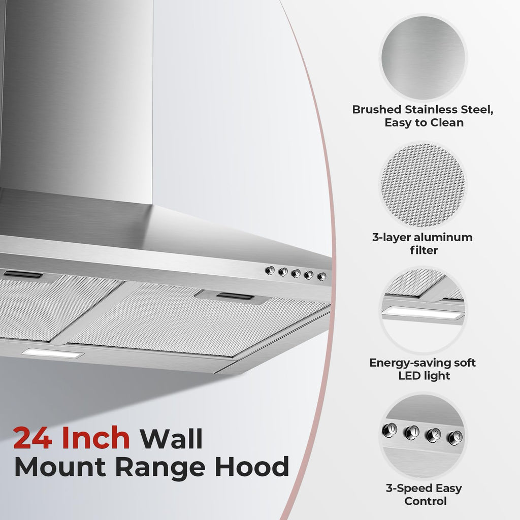 24 inch Range Hood, Ducted/Ductless Range Hood 450CFM, Wall Mount