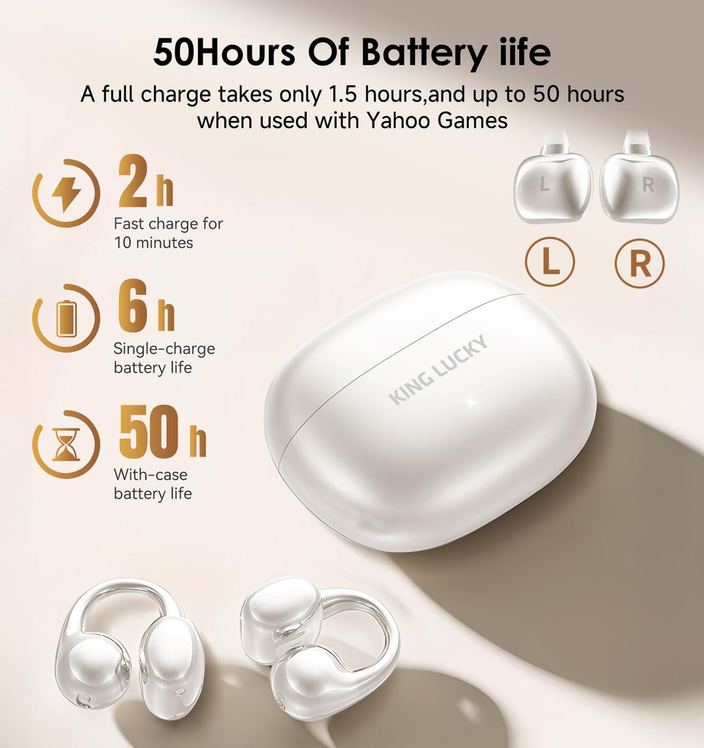 Kinglucky Clip-On Earbuds Gen 3, Open-Ear Wireless Bluetooth 6.0 Headphones with Mic, Secure Fit for Small Ears & Glasses Wearers, 50H Playtime, LED Digital Display, ENC, IPX5 Waterproof(Balck)