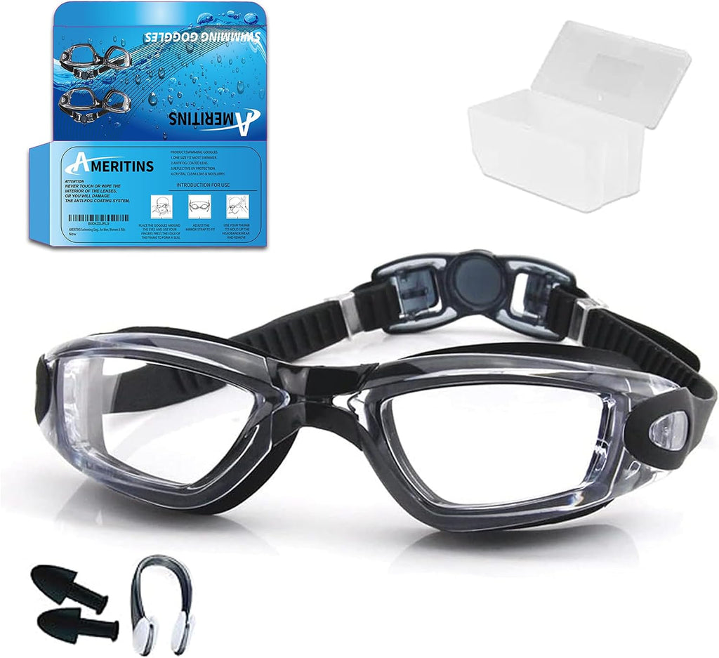 Swimming Goggles Pack of 1, Anti-Fog Googles Swimming Adults, Anti-Leak UV Protection Crystal Clear Vision with Free Protection Case, Nose Clips & Earplus Suitable for Adults & Kids