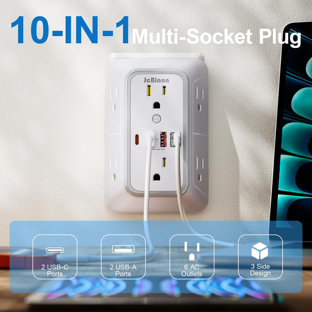 3 Pack Surge Protector Outlet Extender, 6 Outlet Splitter with 4 USB Ports (2 USB C), Multi Plug Wall Outlet 1050J Power Strip, USB Wall Charger for Home Office Kitchen Travel-ETL