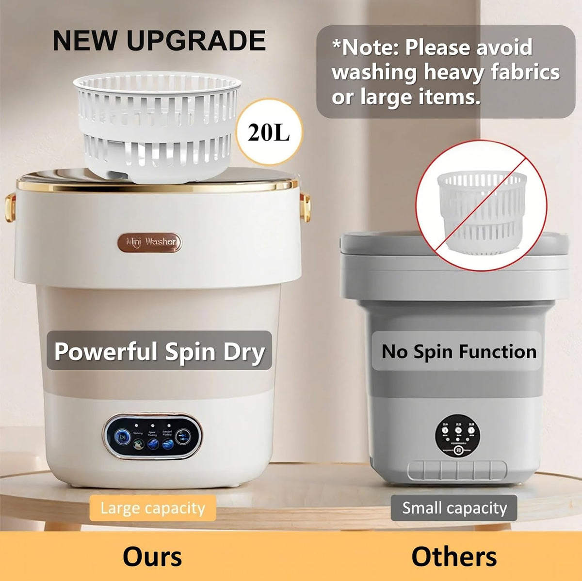 Portable Washing Machine with Spin Basket, Upgraded 20L Foldable Mini Washer【5-Min Wash・3-Min Spin・1-Year Free Replacement】Small Washing Machine for Travel, Dorms, RVs, Camping (Khaki)