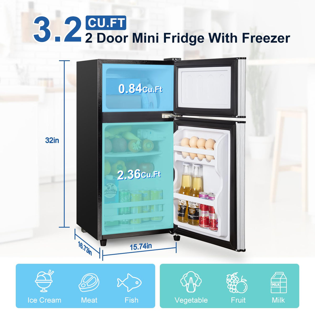 3.2 Cu.Ft Mini Fridge with Freezer, 7-Level Cooling Small Refrigerator