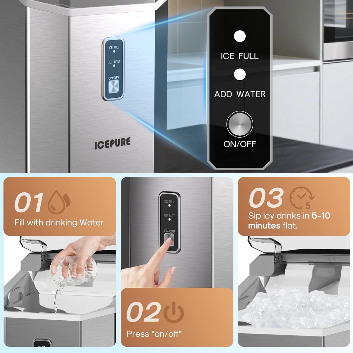 ICEPURE Nugget Ice Makers Countertop with App, Portable Ice Machine