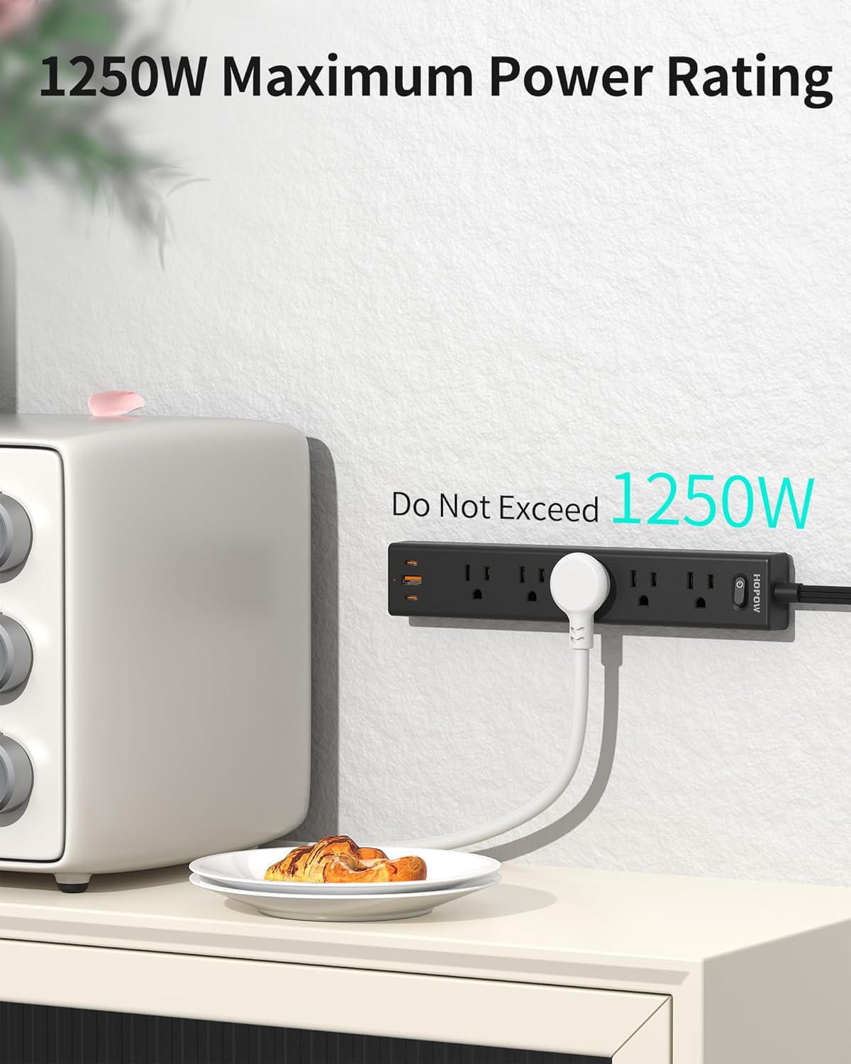 6FT Surge Protector Power Strip, 1700J, 5AC&1A2C, Flat Plug Extension Cord