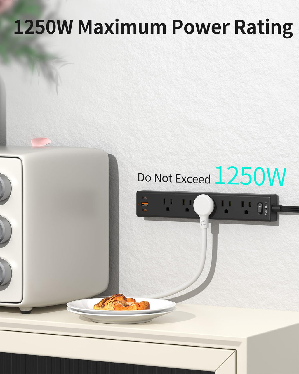 6FT Surge Protector Power Strip, 1700J, 5AC&1A2C, Flat Plug Extension Cord