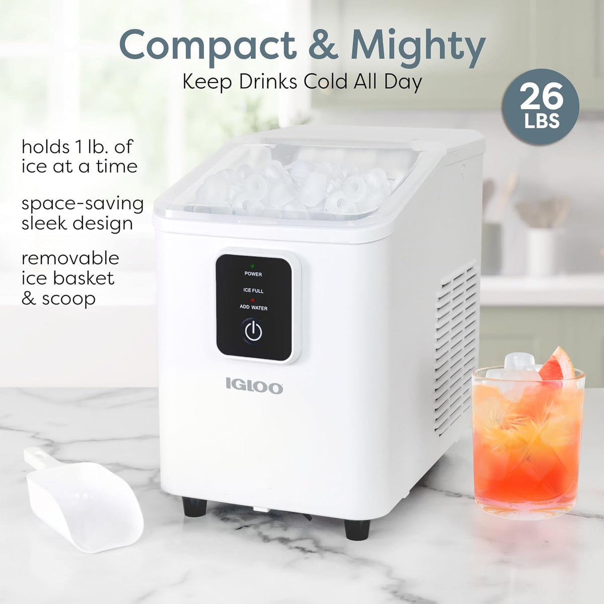 Igloo Ice Maker Countertop, Portable Ice Maker with Handle, 26lbs, Black