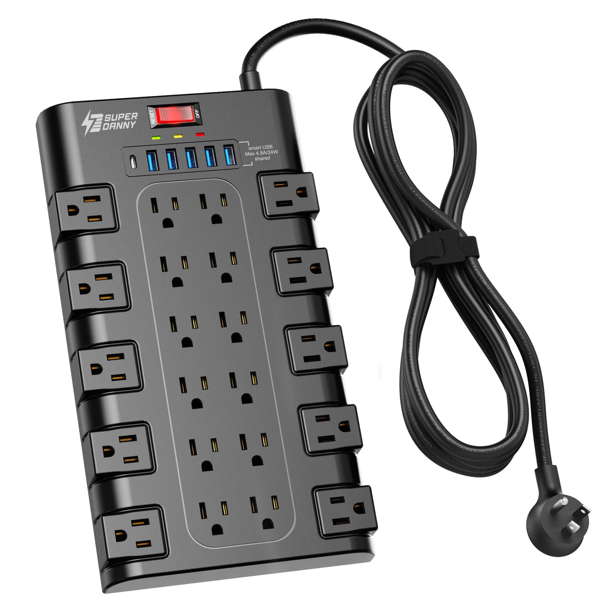 SUPERDANNY Power Strip Surge Protector, 22 AC 6 USB, 2100J, 6.5Ft,1875W/15A
