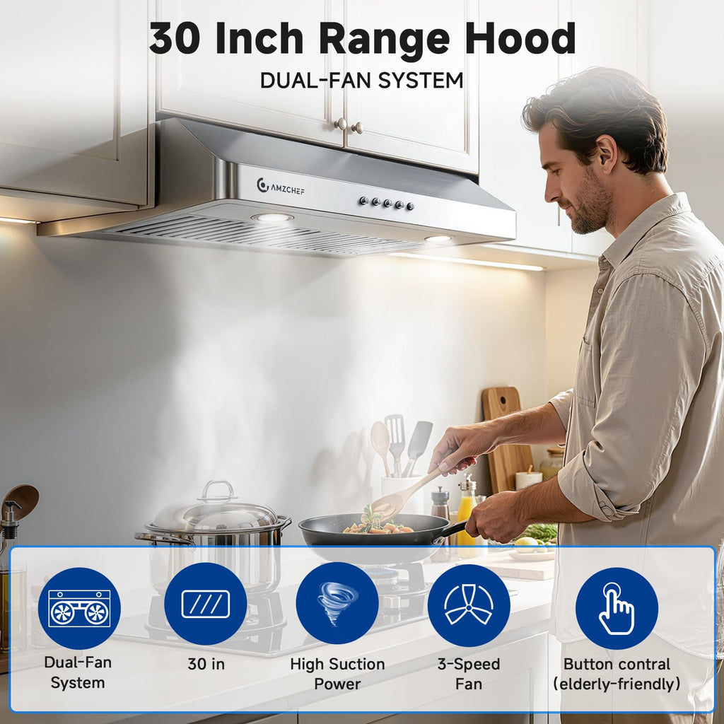 AMZCHEF 30" Under Cabinet Range Hood, 750CFM Stainless Steel Vent Hood