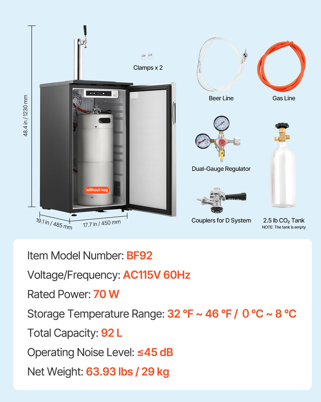VEVOR Beer Kegerator, Single Tap Commercial Draft Beer Dispenser for D system, Full Size Keg Refrigerator with 5lbs CO2 Tank, Hold 2 Sixth / 2 Ball lock keg, Black