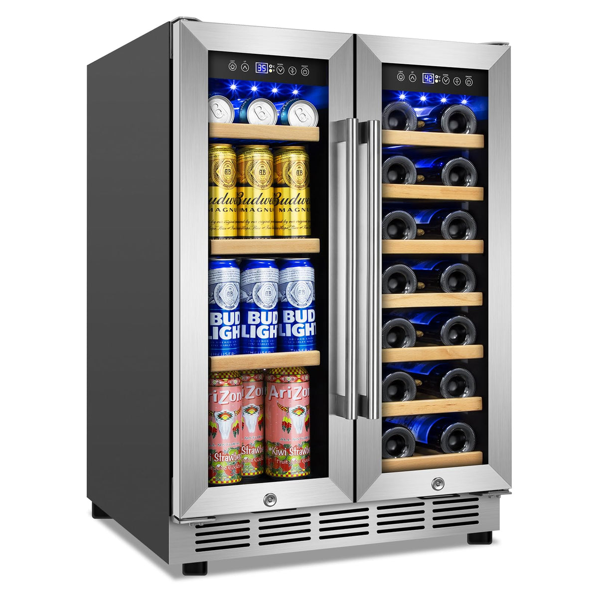 24" Dual Zone Wine and Beverage Refrigerator, Under Counter with Glass Door