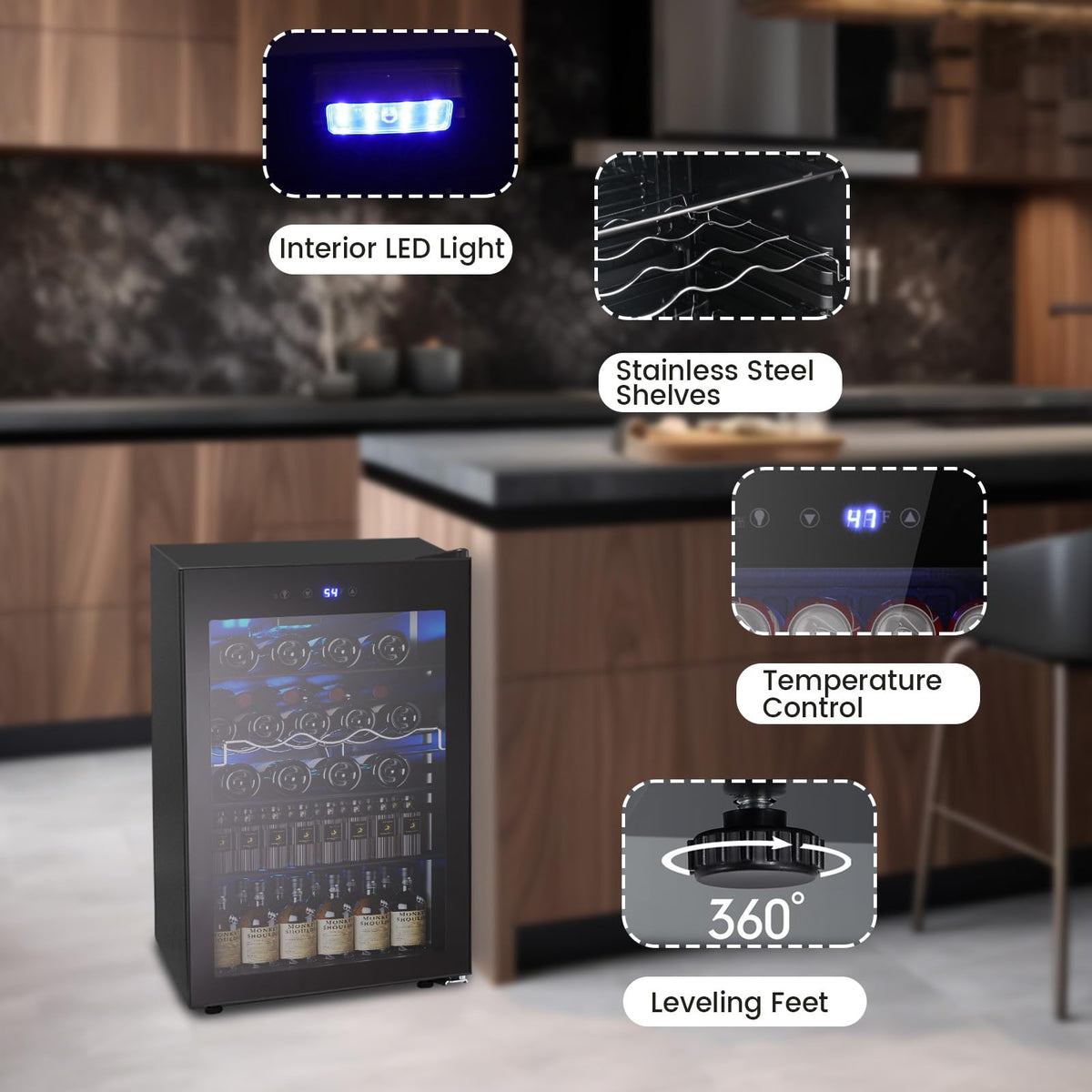Electactic 48 Can Beverage Refrigerator,12 Bottle Wine Cooler with Seamless Stainless Steel & Glass Door, Digital Temperature Display, Countertop Mini Fridge for Soda, Wine or Beer, Silver