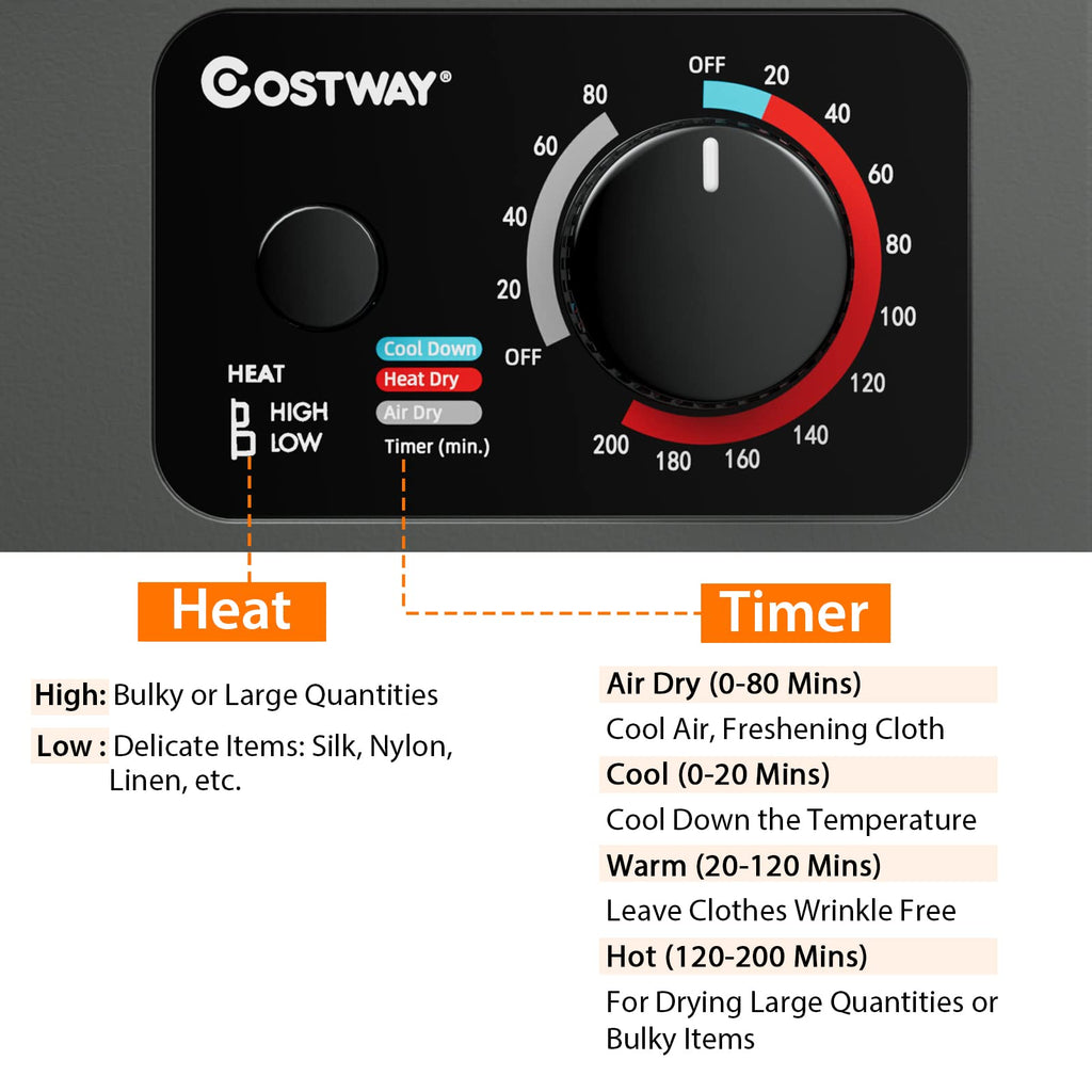 COSTWAY 1.5 Cu.ft. Portable Clothes Dryer,850W Compact Laundry Dryer,Silver