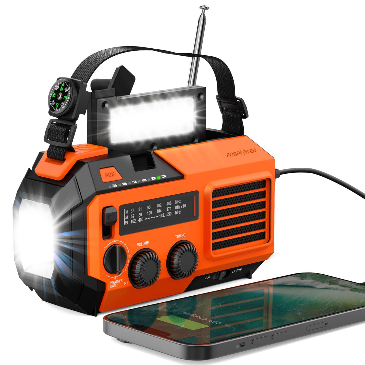 FosPower NOAA Emergency Weather Radio A1 7400mWh Solar Hand Crank (Orange)