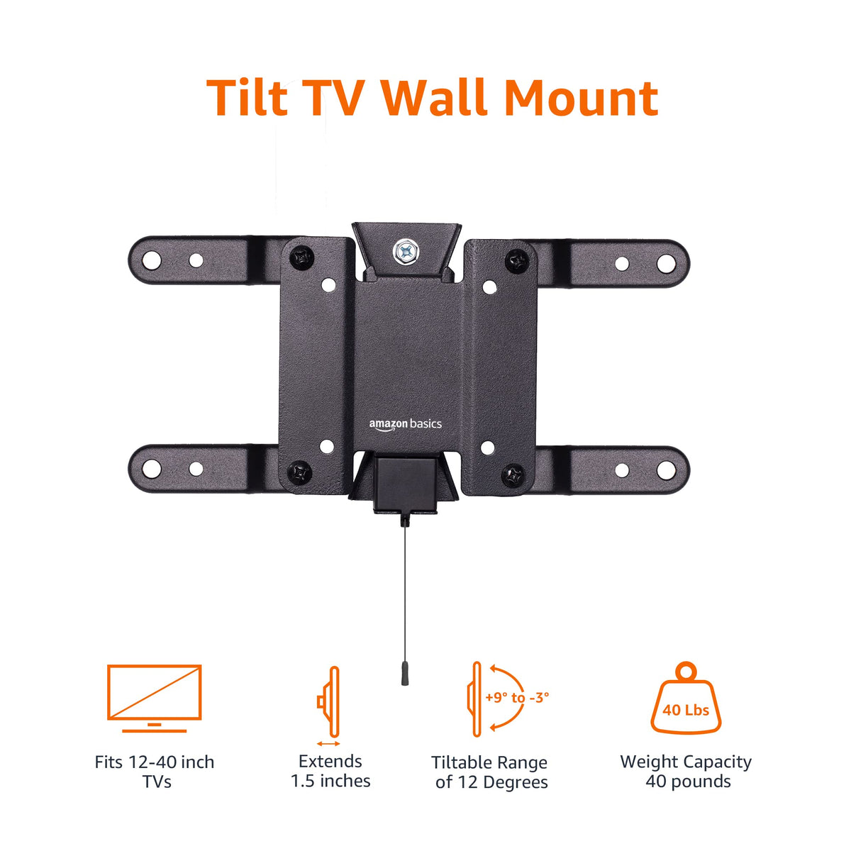 Amazon Basics Full Motion Articulating TV Wall Mount with Tilt Swivel, Extends 16 inches, VESA 200x200, for 12" to 40" TVs, 40 lbs, Black