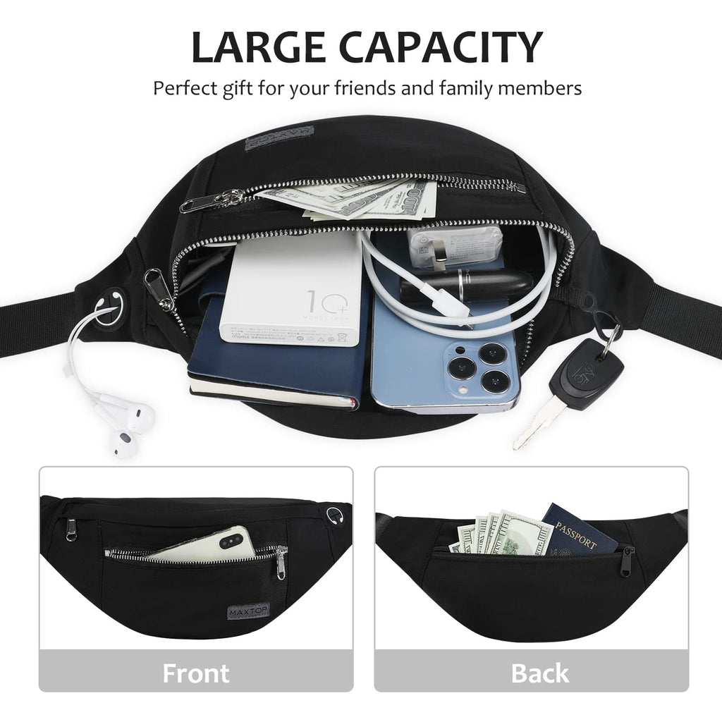 MAXTOP Large Bumbag Waist Fanny Pack Running Belt for Men Women Unisex Bum Bag with Headphone Jack and 4-Zipper Pockets Adjustable Belt for Travel Running Jogging Workout Hiking Gifts All Black