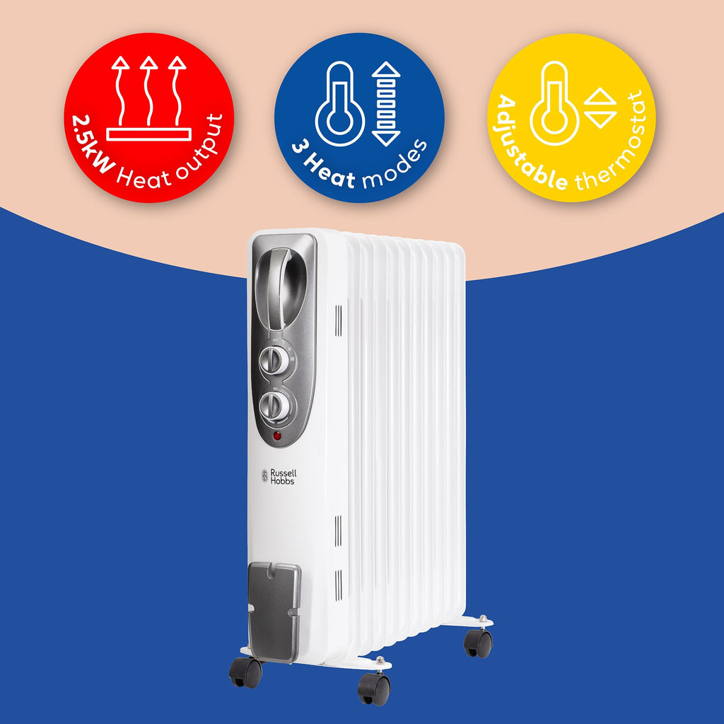Russell Hobbs 2000W/2KW Oil Filled Radiator, 9 Fin Portable Electric Heater - White, Adjustable Thermostat with 3 Heat Settings, Safety Cut-off, 20 m sq Room Size, RHOFR5002, 2 Year Guarantee