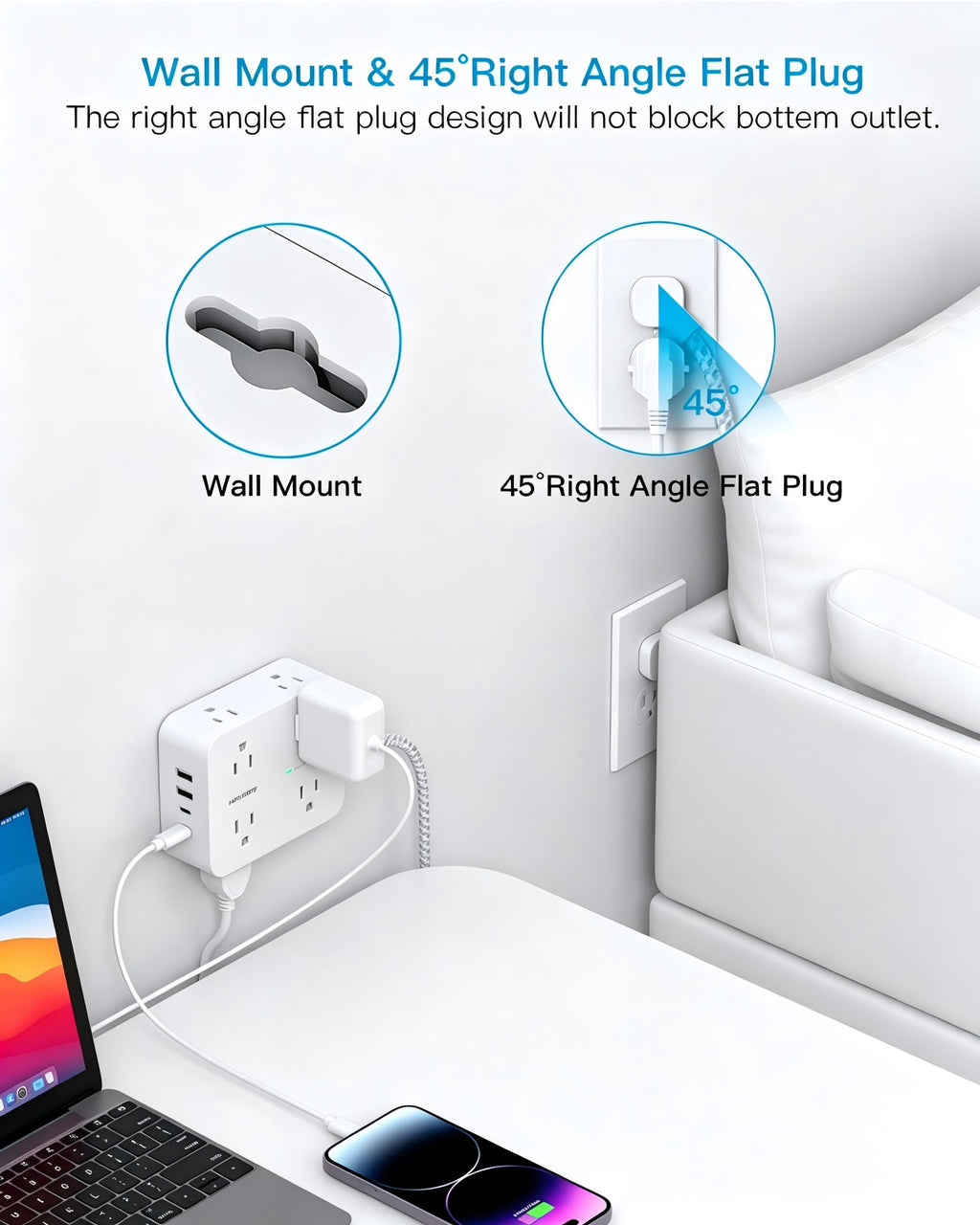 Extension Cord 10 Ft, Ultra Thin Flat Plug Power Strip Surge Protector