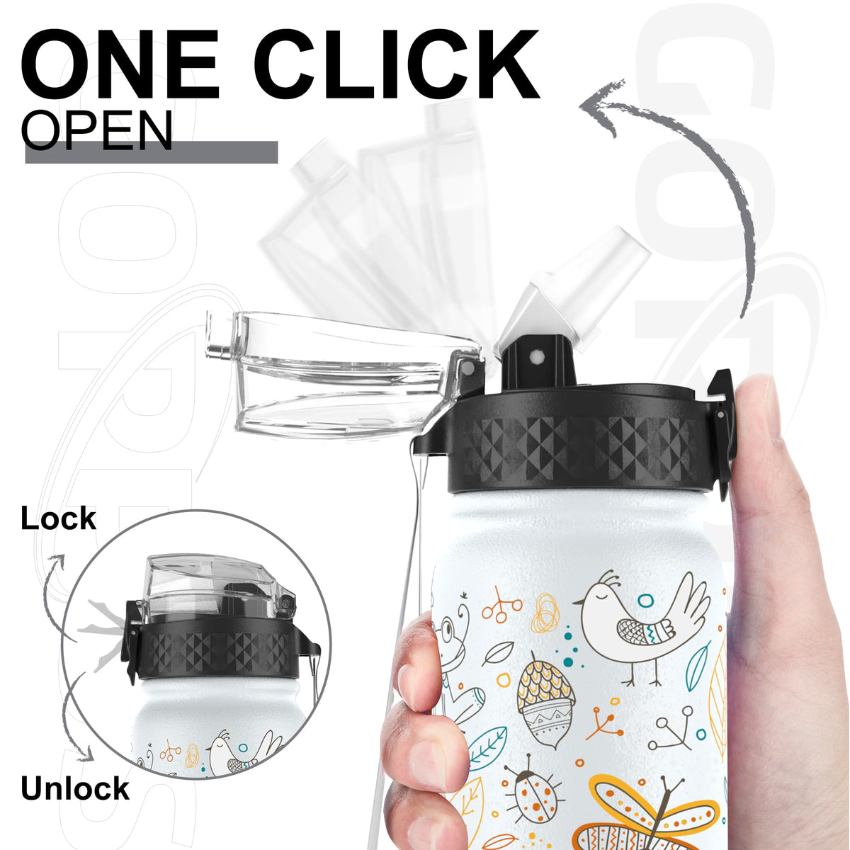 GOPPUS 600ml/20oz Stainless Water Bottle with Straw Double Wall Insulated Bottles with Strap One Hand Open Vacuum Thermal Flask with Flip Top Lid Leakproof Keep Cold Drinks BPA Free