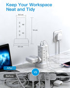 3M Tower Extension Lead with 2 USB C Slots, 8 Way Outlets Power Strip, 10Ft