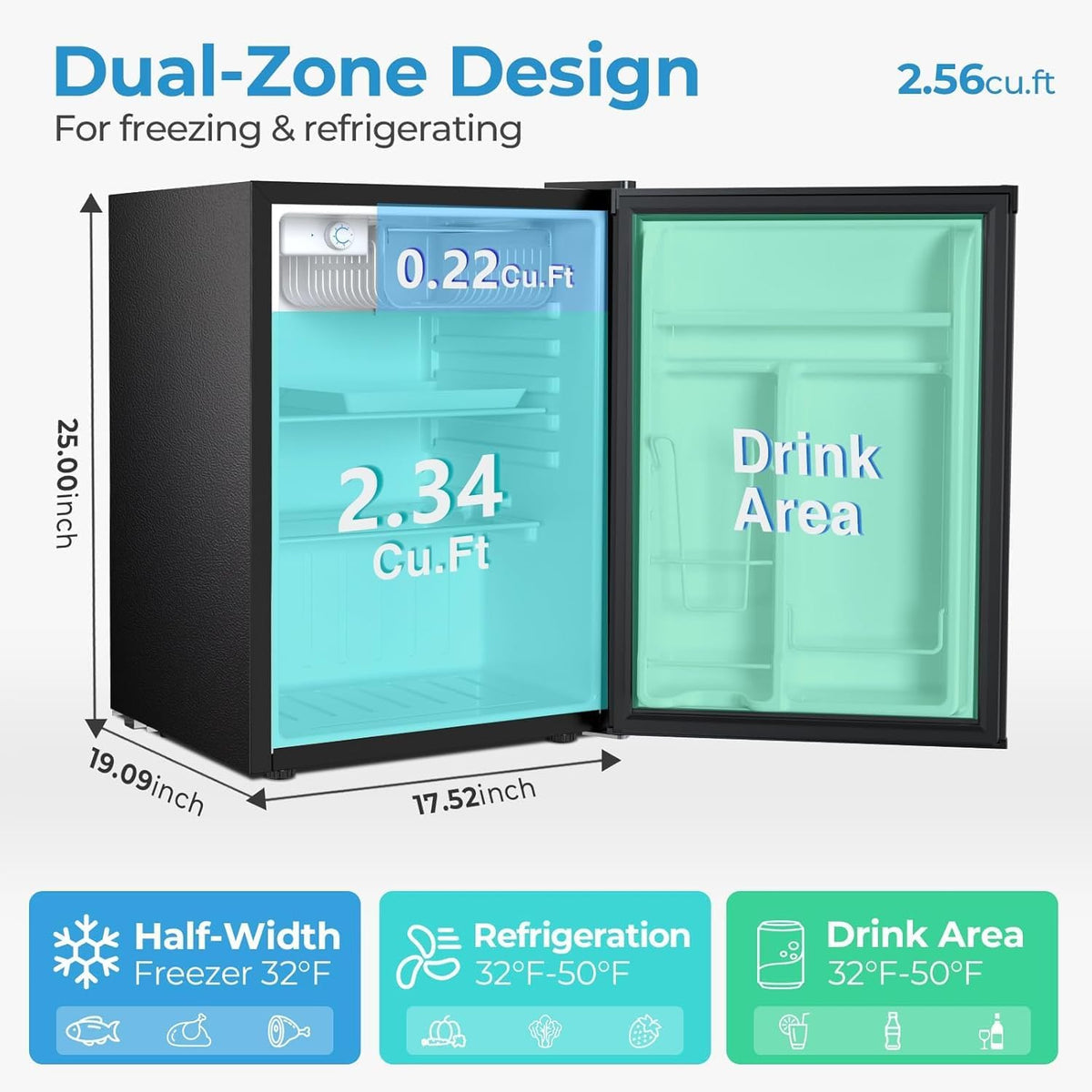COWSAR 2.6 Cu.Ft Mini Fridge with Freezer, Freestanding Compact Refrigerator with Reversible Door & 7-Speed Thermostat, Small Fridge for Office, Apartment, Gameroom (BLACK)