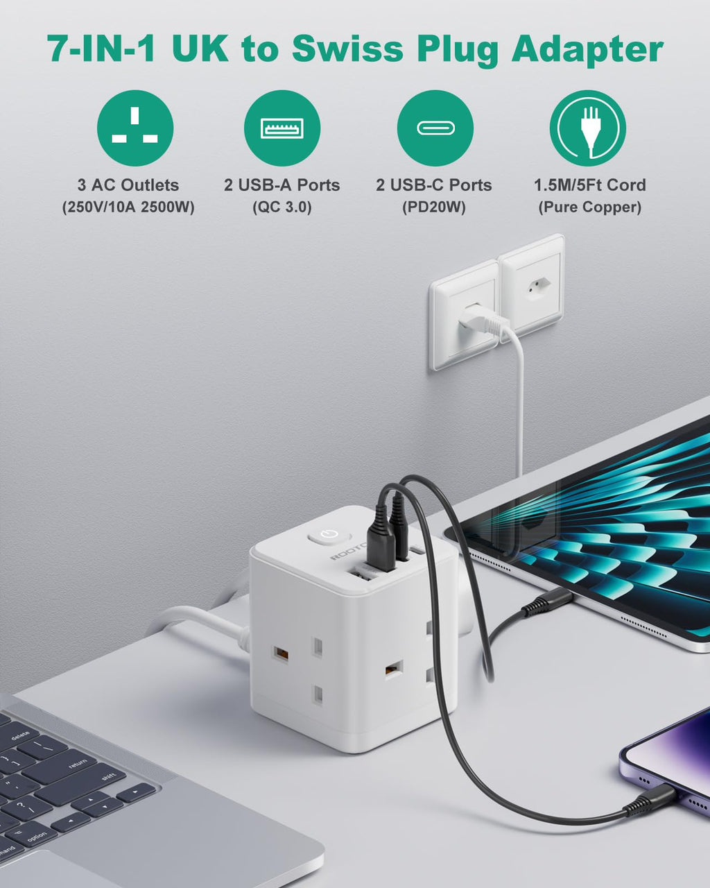 South Africa Plug Adapter, PD20W 3 Way Cube Extension Lead, Type M,1.5M