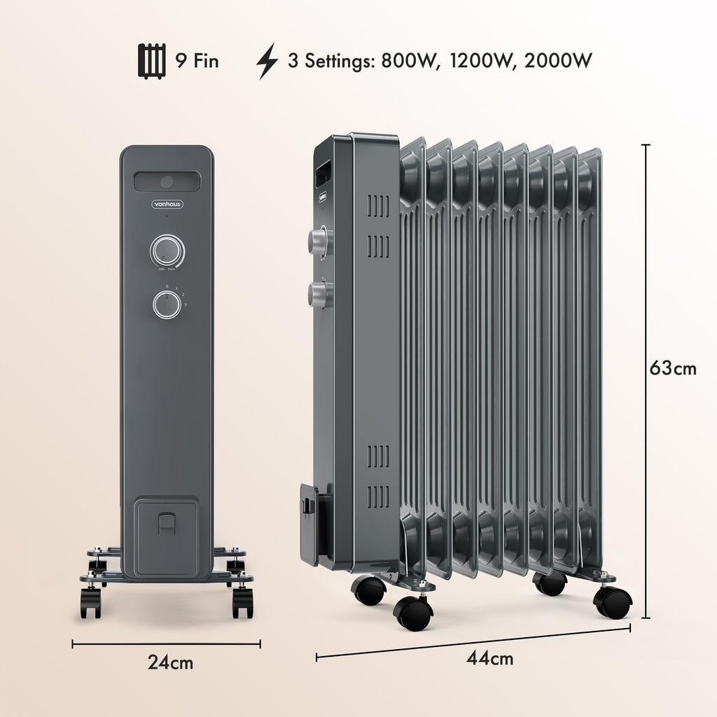 VonHaus Oil Filled Radiator 11 Fins – 2500W, 3 Heat Settings, 24 Hour Timer