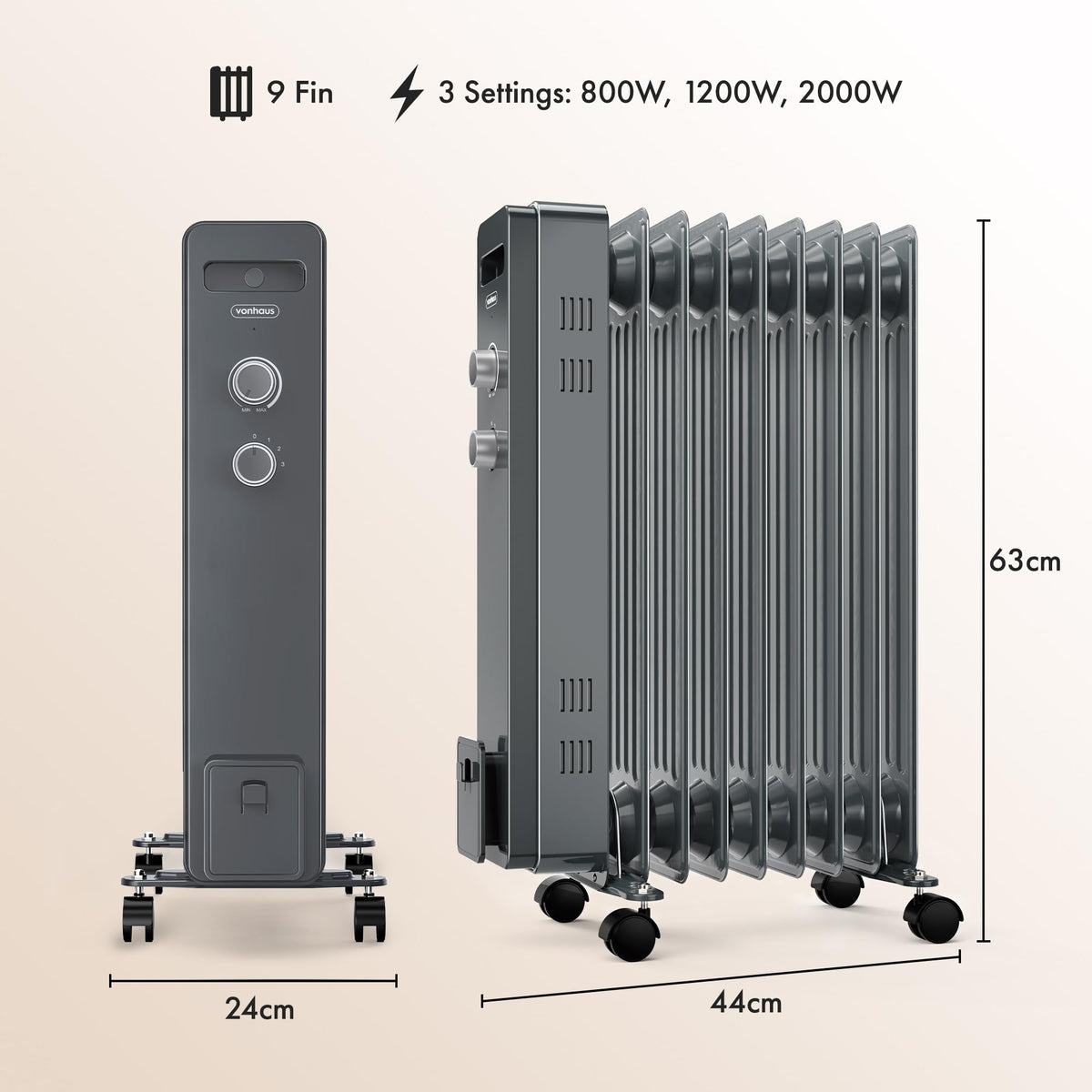 VonHaus Oil Filled Radiator 11 Fins – 2500W, 3 Heat Settings, 24 Hour Timer