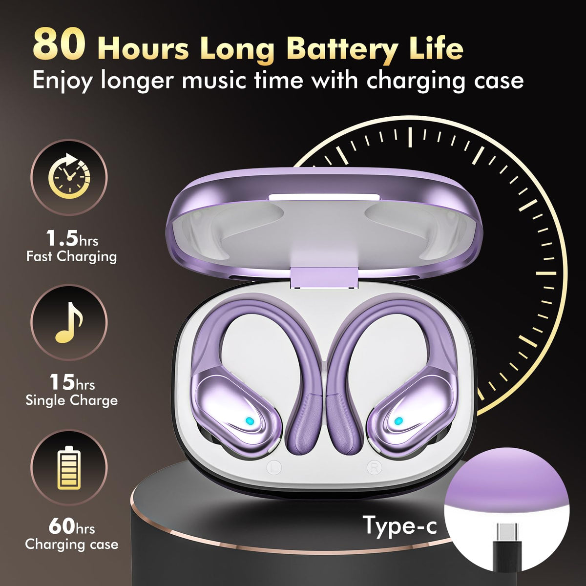 HAOYUYAN Wireless Earbuds, Sports Bluetooth Headphones, 80Hrs Playtime Ear Buds with LED Power Display, Noise Canceling Headset, IPX7 Waterproof Earphones for Workout/Running (Camel)