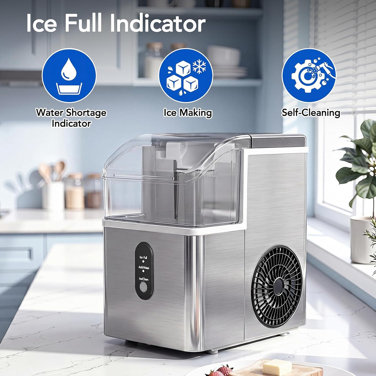 Electactic Nugget Ice Maker Countertop, 35Lbs/24H, Ready in 7 Mins Pebble Ice Maker Machine, Self-Cleaning Pellet Ice Maker with Ice Scoop&Basket, Countertop Sonic Ice Makers for Home, Stainless Steel