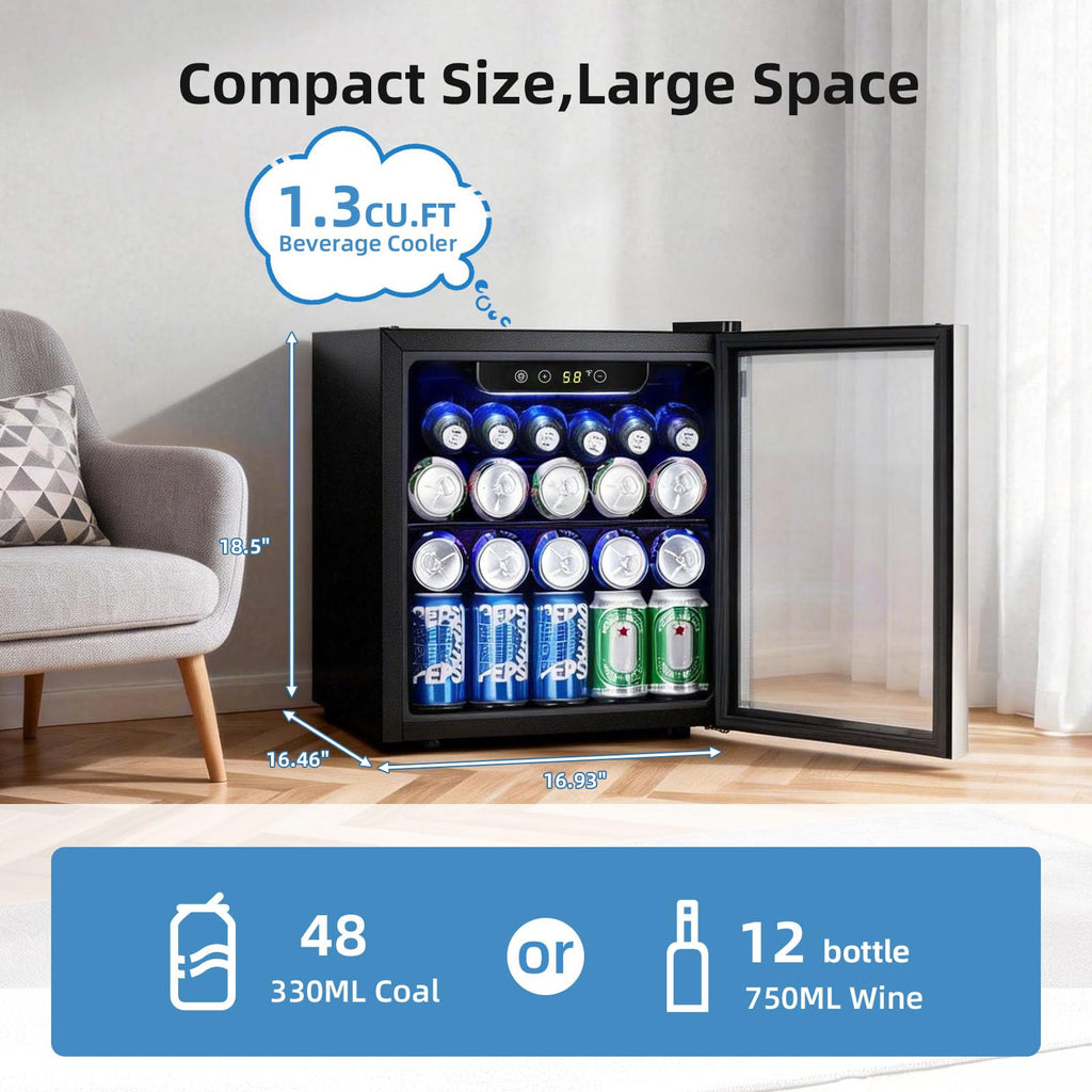 Antarctic Star 12 Bottle 48 Can Beverage Refrigerator Cooler - Mini Fridge Glass Door for Beer Soda Drinks or Wine,Freestanding Beverage Fridge for Home and Bar with Adjustable Shelving, 1.3 Cu. Ft.