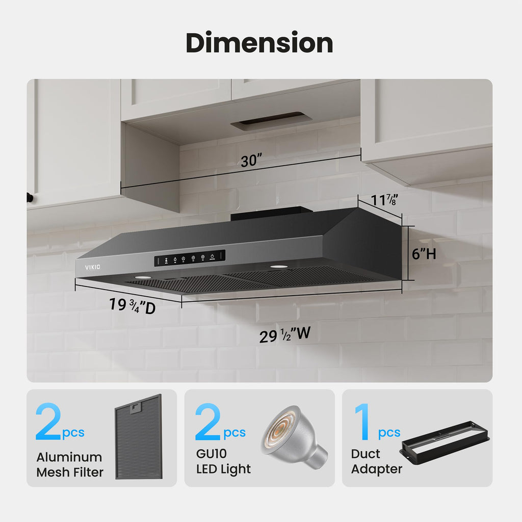 VIKIO HOME 30 Inch Under Cabinet Range Hood 900 CFM Dual Motor Power