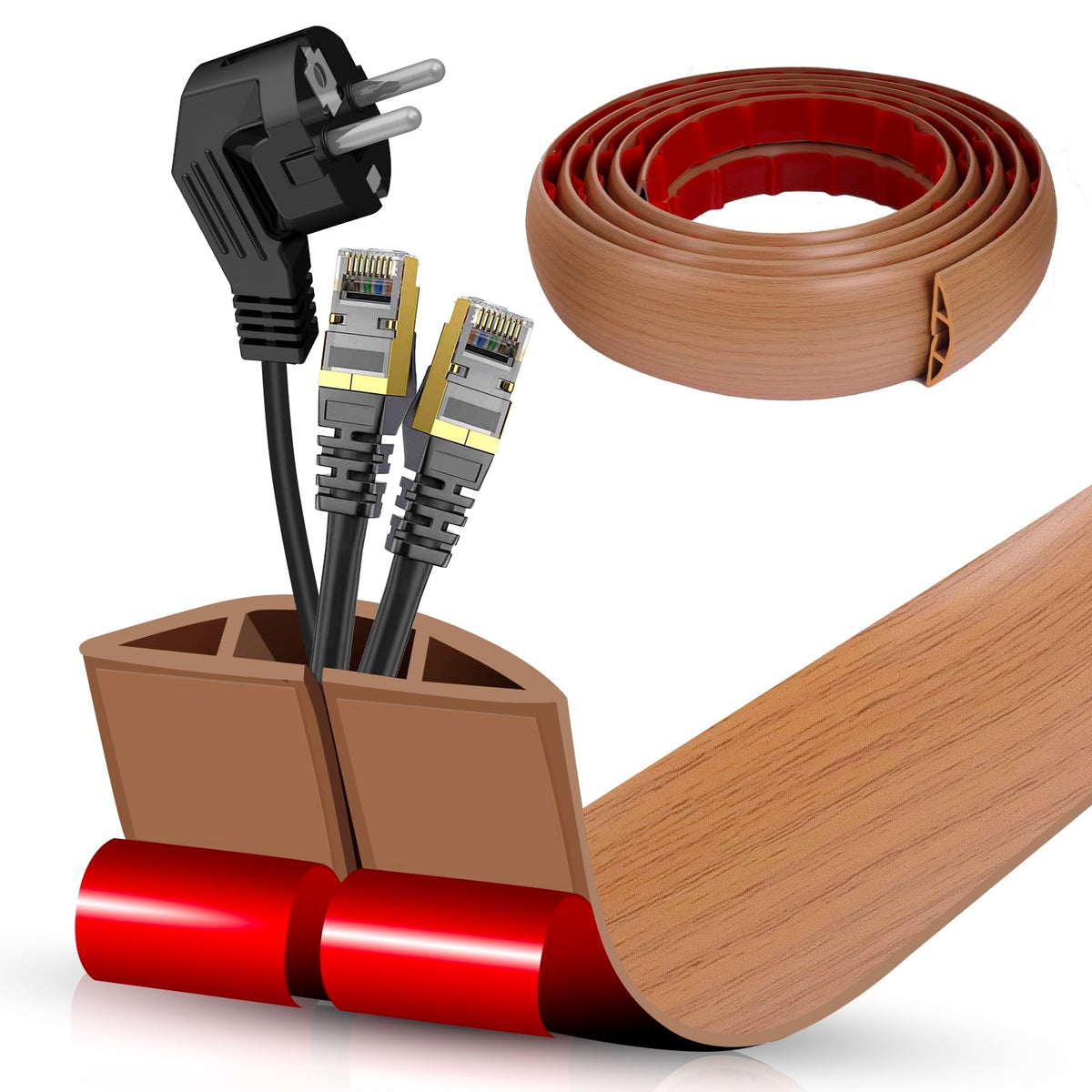 Floor Cord Cover Self Adhesive Cord Hider,3.3FT Cable Management, Extension Strip Protector for Wires, Prevent Cable Trips for Offices, Gyms, Exhibitions Cavity:0.3"(W) x 0.28"(H) Brown Wood