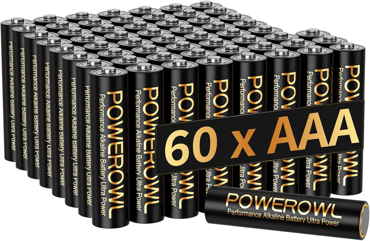 POWEROWL 60-Pack AAA Alkaline Volt Batteries, 10-Year Shelf Life
