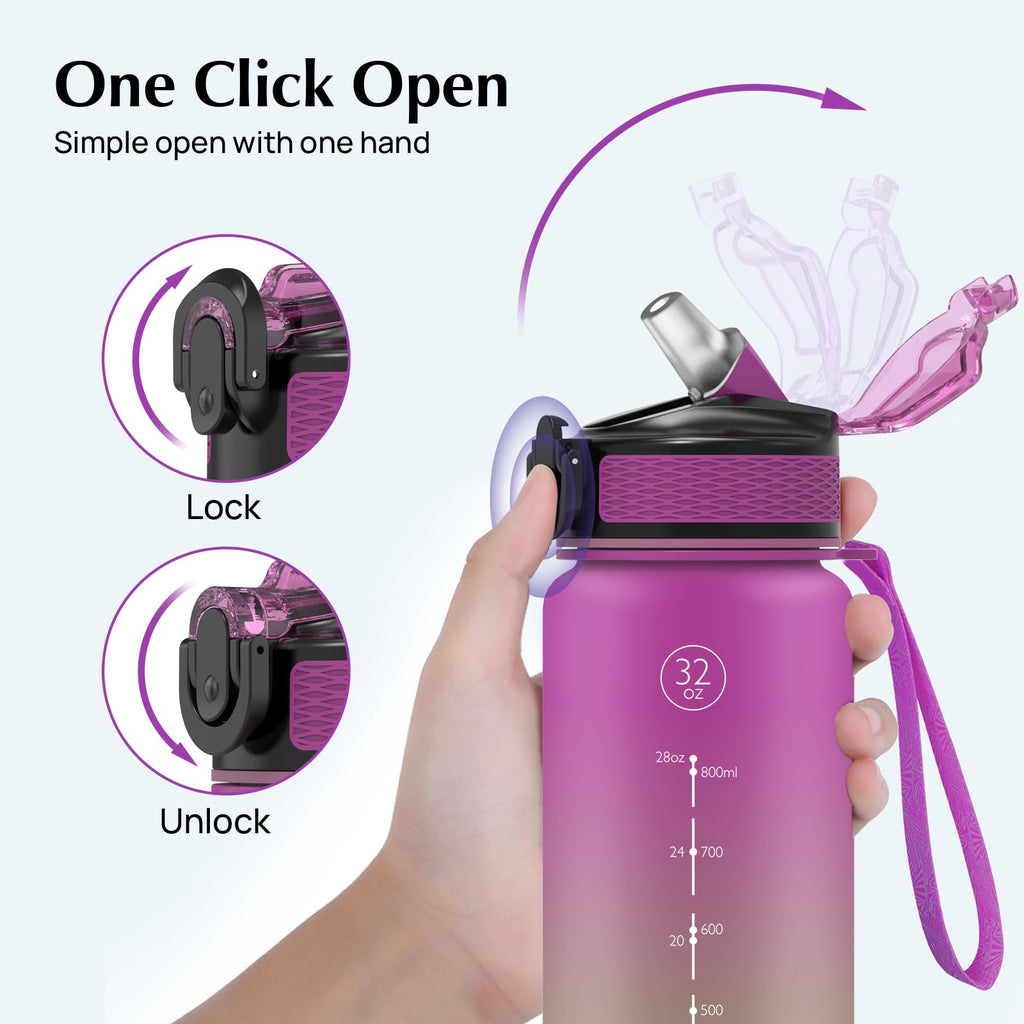 EYQ 1L Water Bottle, 1 Litre Water Bottle with Straw, 32oz Leak-Proof Motivational Sports Drinks Bottle with Time Marker, Tritan BPA-Free, Drinking Waterbottles for Gym Outdoor Sports