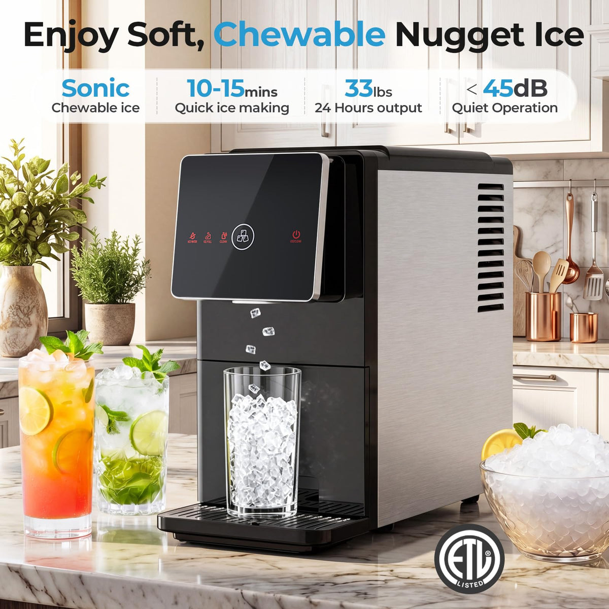 Antarctic Star Nugget Ice Maker Countertop with Self-Dispensing, 33lbs/24H