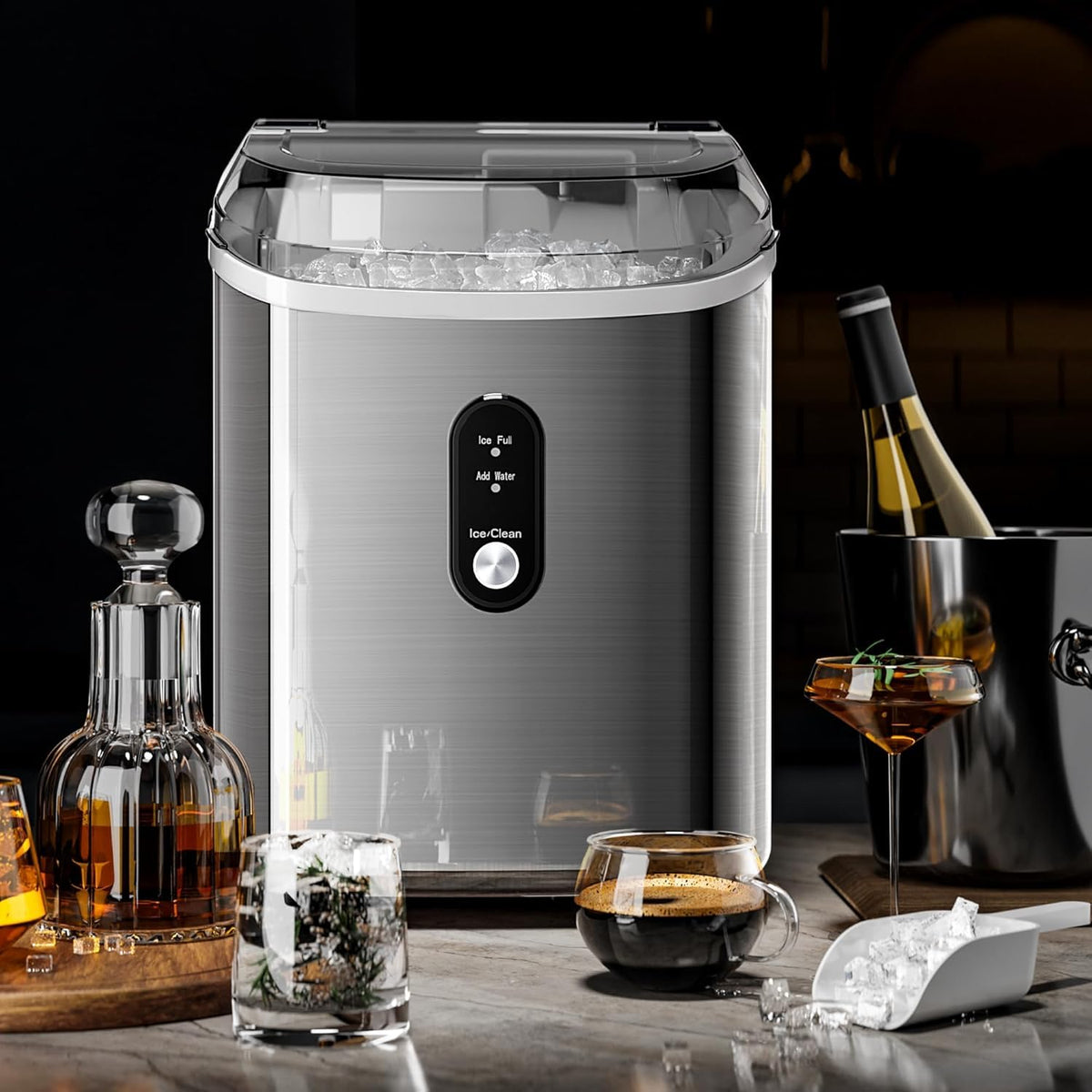 Kismile Nugget Ice Maker Countertop, 35 lbs/Day,Stainless Steel(Black)
