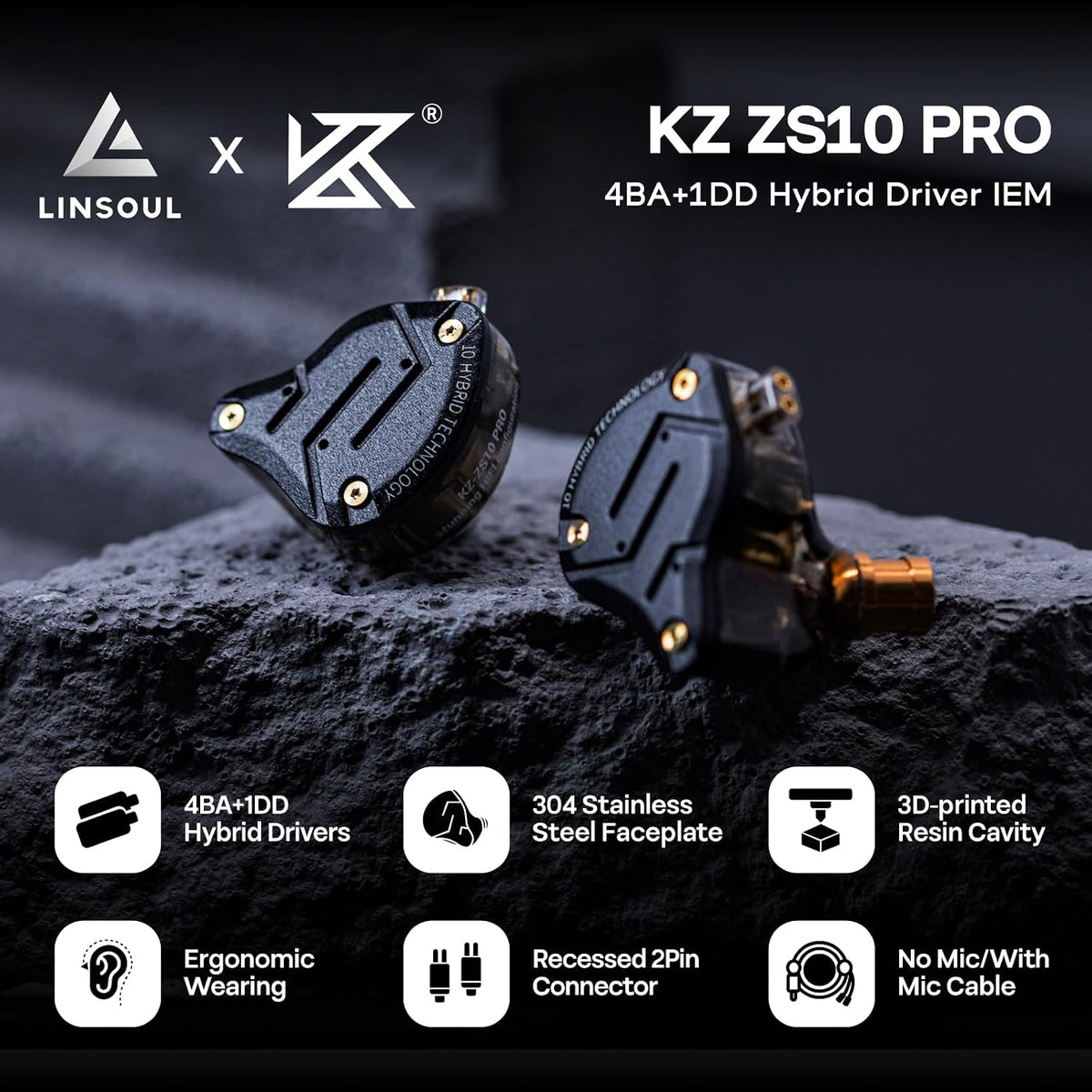 Linsoul KZ ZS10 Pro, 4BA+1DD 5 Driver in Ear Monitor, HiFi Wired Earbuds, Gaming Earbuds, Hybrid IEM Earphones with Stainless Steel Faceplate, Detachable Cable for Musician(with Mic, Dark Black)