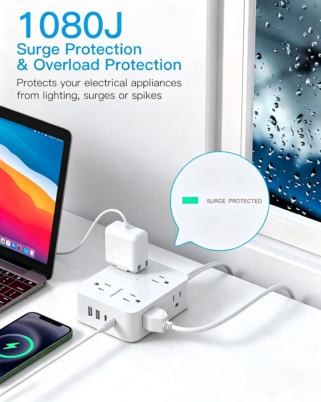 Extension Cord 10 Ft, Ultra Thin Flat Plug Power Strip Surge Protector