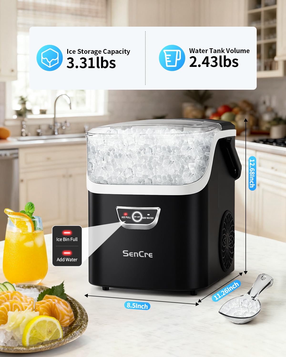 Nugget Ice Maker with Handle 40lbs/Day Countertop Ice Maker Soft Ice