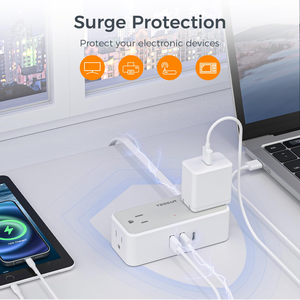 TESSAN Extension Cord 10 FT, Power Strip with 900J Surge Protection, Grey