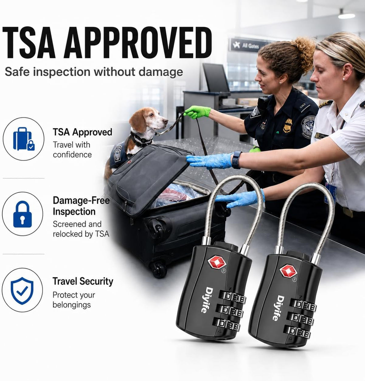 Diyife TSA Approved Luggage Locks with Flexible Steel Cable, Easy to Set up