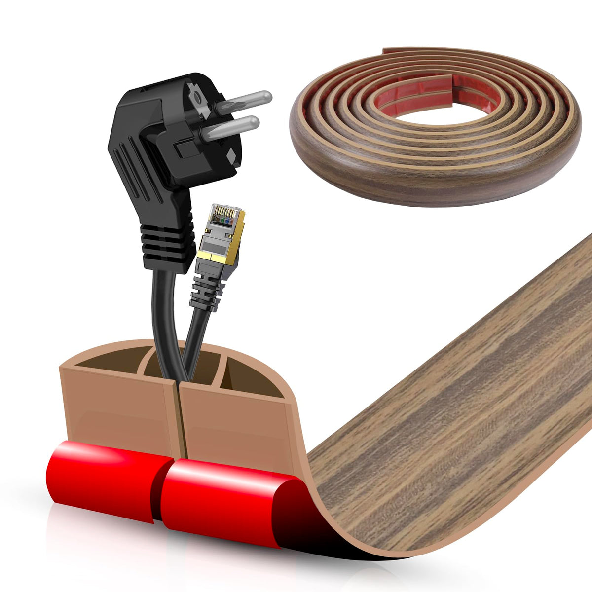 Floor Cord Cover Self Adhesive Cord Hider,3.3FT Cable Management, Extension Strip Protector for Wires, Prevent Cable Trips for Offices, Gyms, Exhibitions Cavity:0.3"(W) x 0.28"(H) Brown Wood