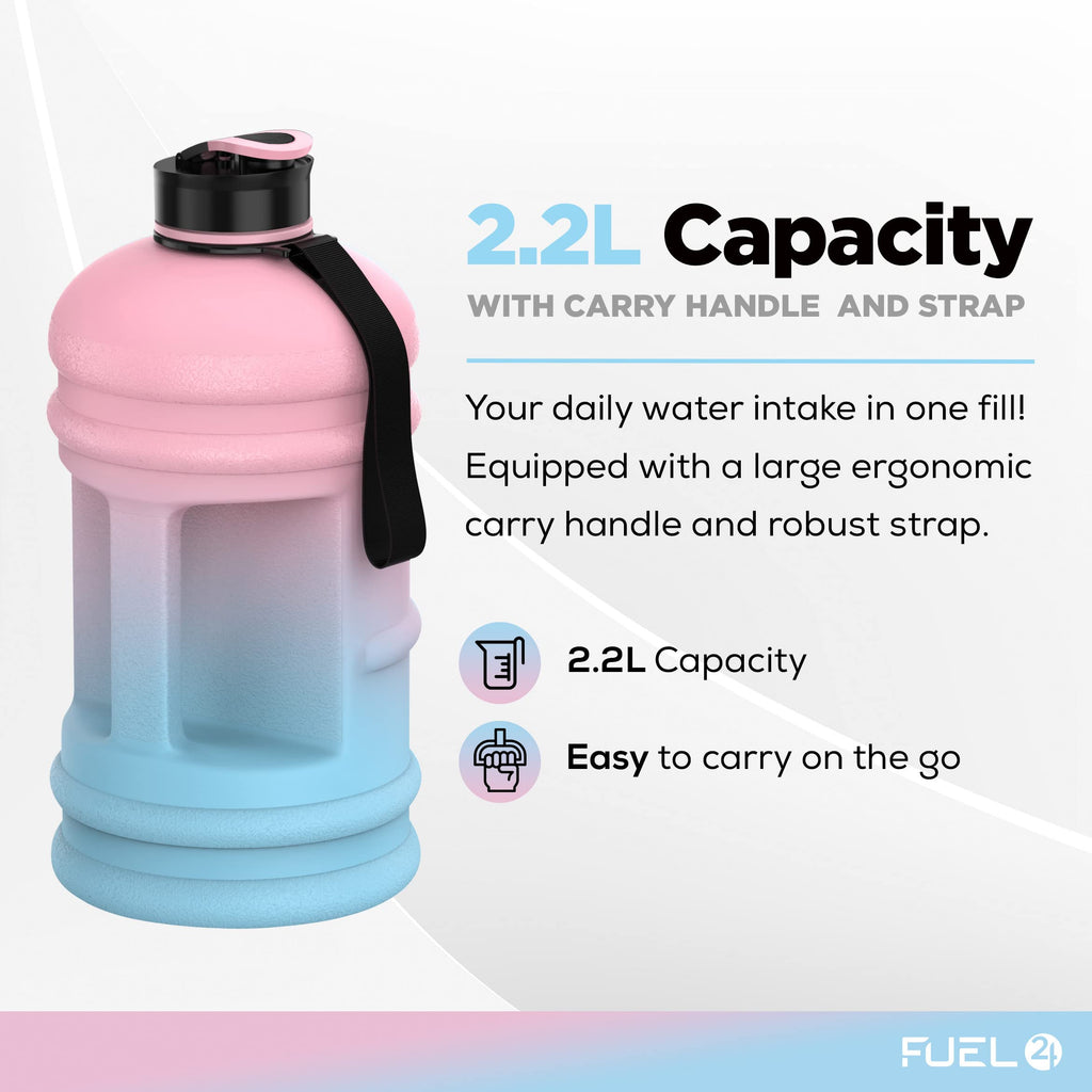 Fuel24 Jug - 2.2 Litre Water Bottle - Extra Strong Flex Material - Drop Proof, Pop or Straw Cap Options - 2.2L Large Gym Sports Bottle, BPA FREE