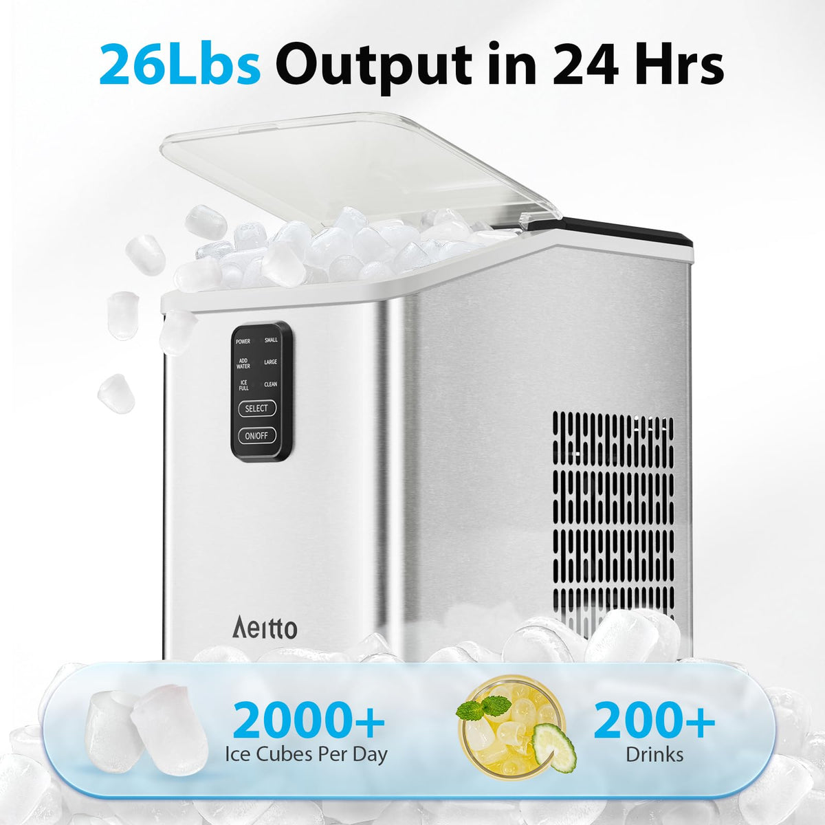 Aeitto Ice Maker Countertop 26lbs/24H Ice Makers Ready in 6-Min 8 Ice Cubes