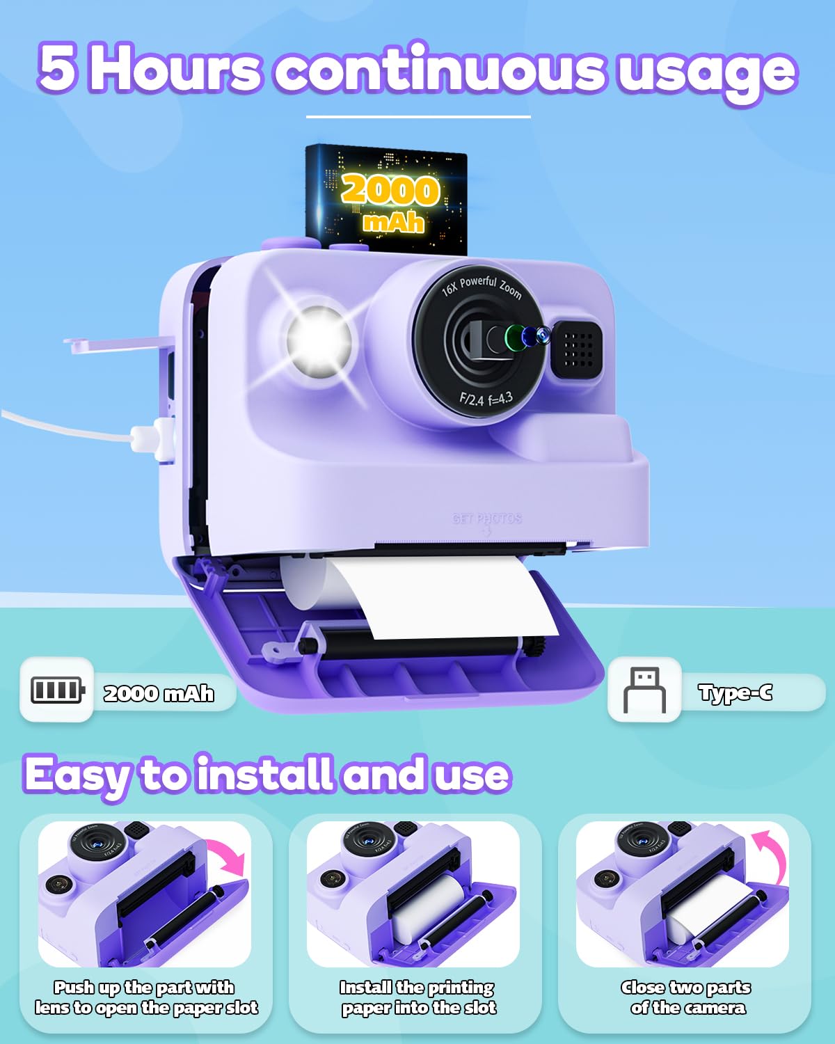 Dylanto Kids Camera Instant Print,1080P Kids Instant Cameras that Print Photos,Christmas Birthday Gifts for Girls Age 3-12,Portable Toy for 3 4 5 6 7 8 9 10 Year Old Girls Boys-Blue