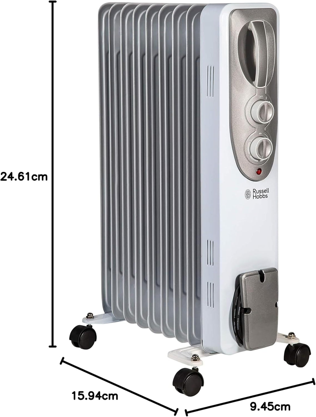 Russell Hobbs 2000W/2KW Oil Filled Radiator, 9 Fin Portable Electric Heater - White, Adjustable Thermostat with 3 Heat Settings, Safety Cut-off, 20 m sq Room Size, RHOFR5002, 2 Year Guarantee