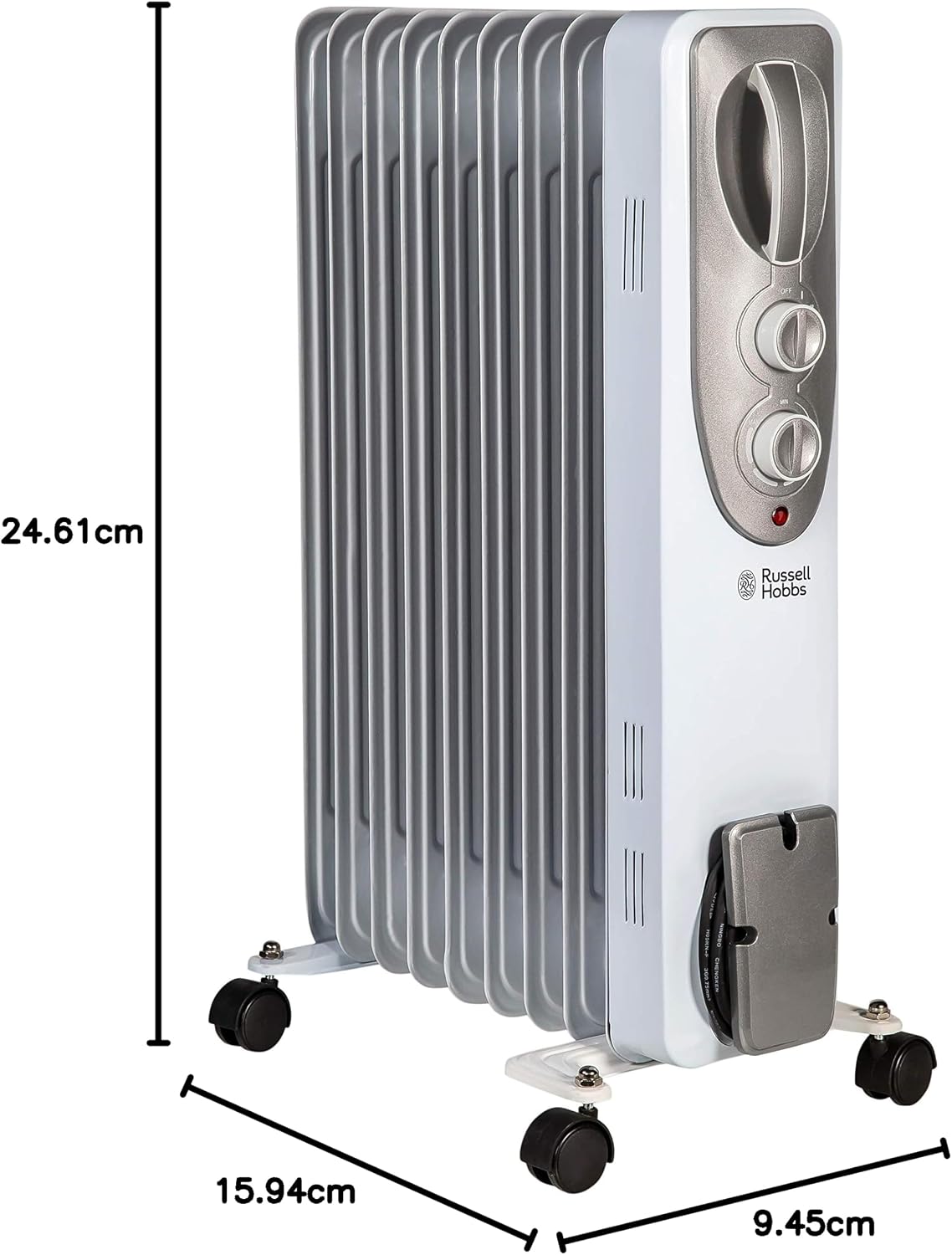 Russell Hobbs 2000W/2KW Oil Filled Radiator, 9 Fin Portable Electric Heater - White, Adjustable Thermostat with 3 Heat Settings, Safety Cut-off, 20 m sq Room Size, RHOFR5002, 2 Year Guarantee