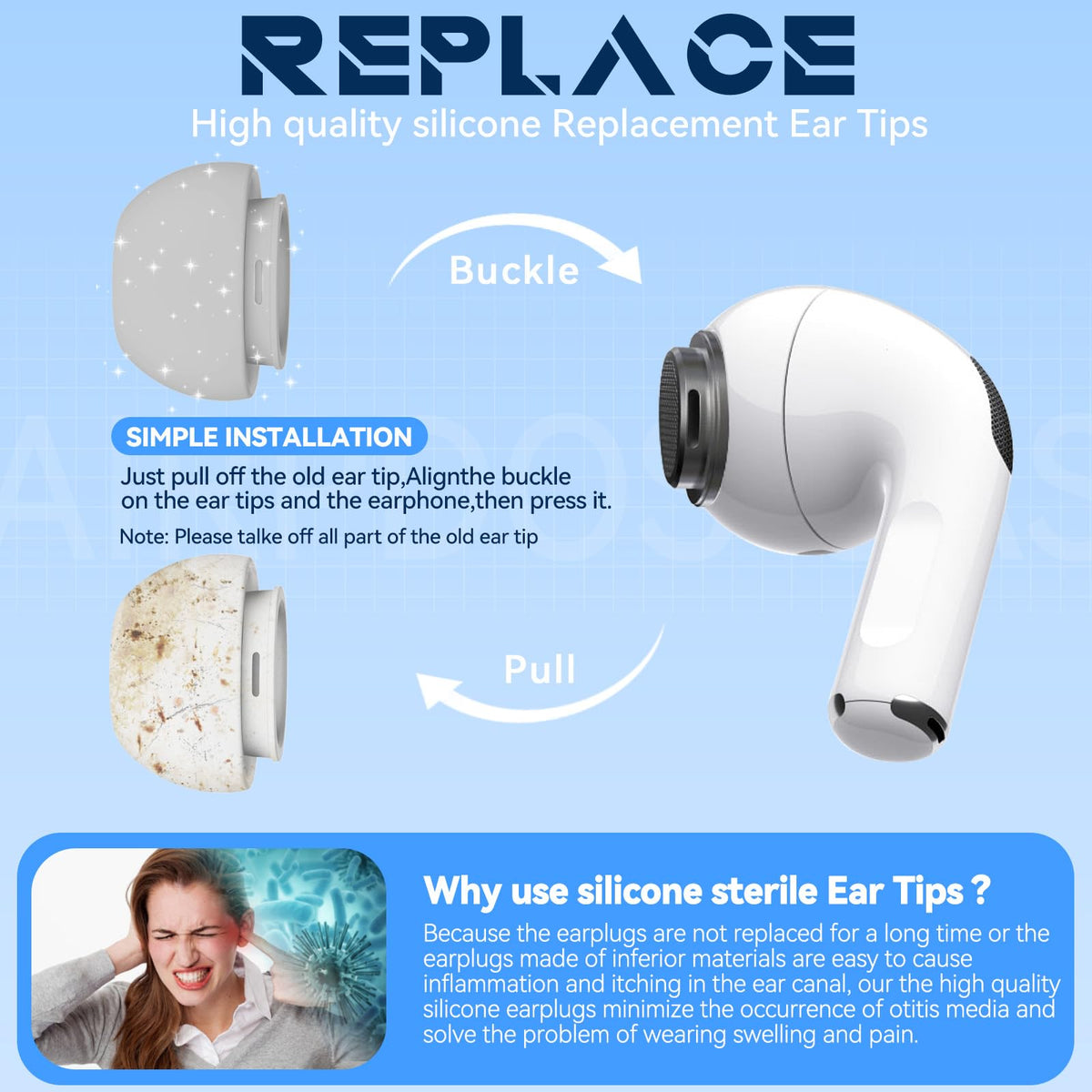 Inesore 4 Pairs Replacement Ear Tips for AirPods Pro 2nd/1st (White)